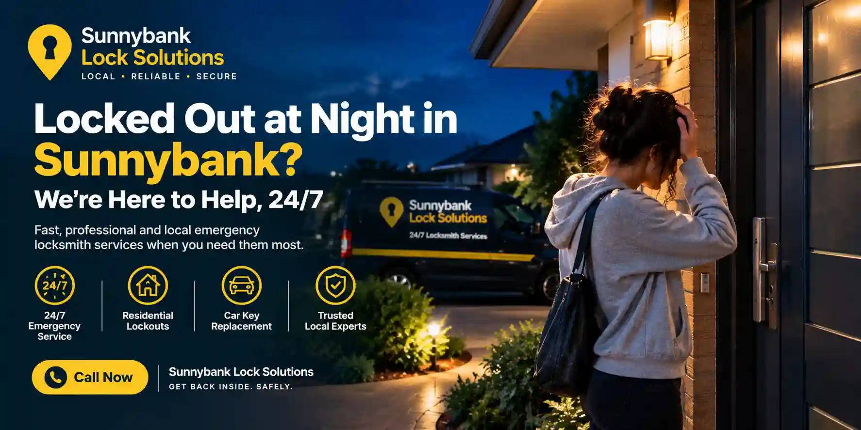 Person locked out of their Sunnybank home at night, needing an emergency locksmith