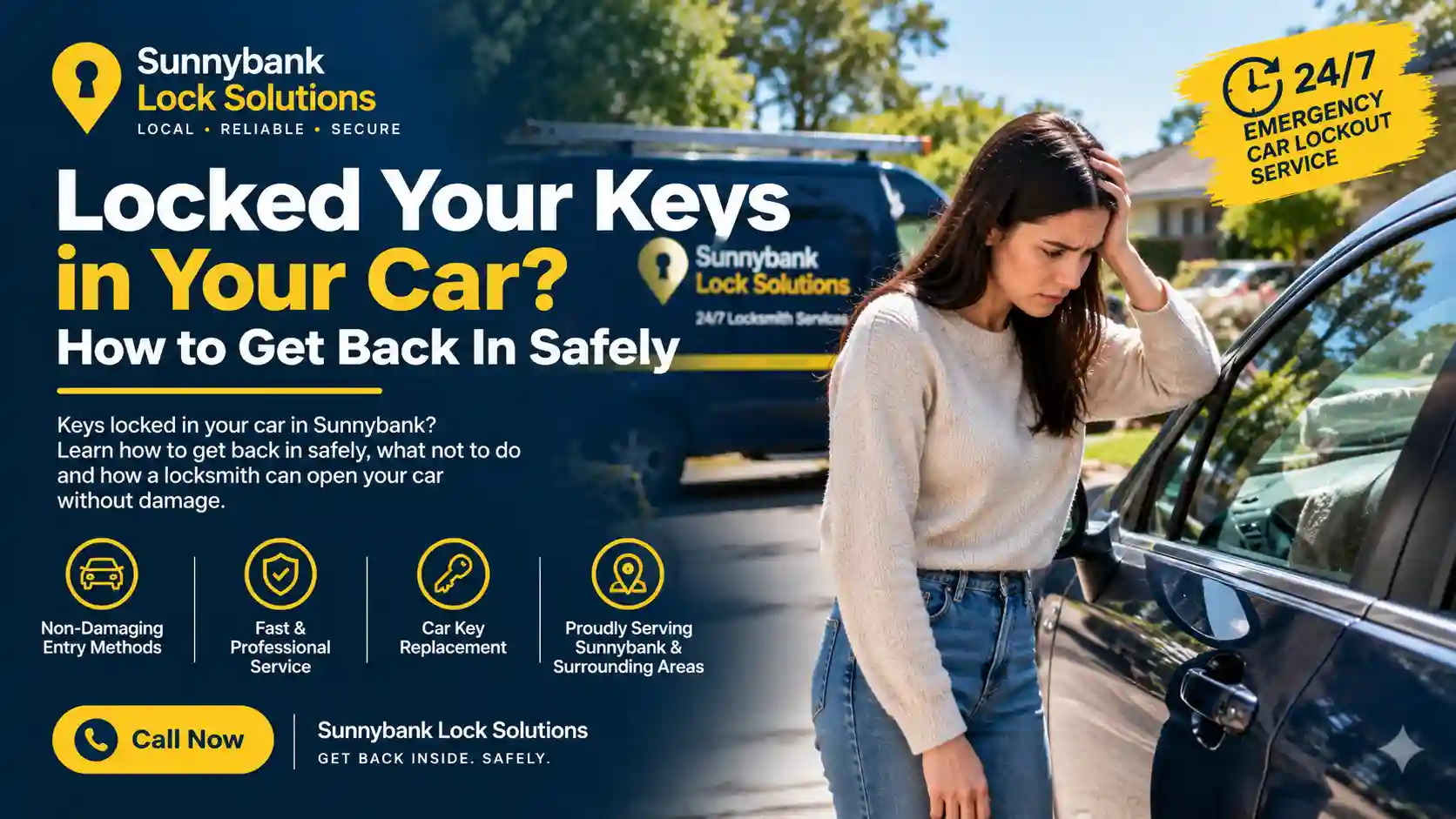 Driver locked out of her car in Sunnybank with a mobile locksmith service van nearby