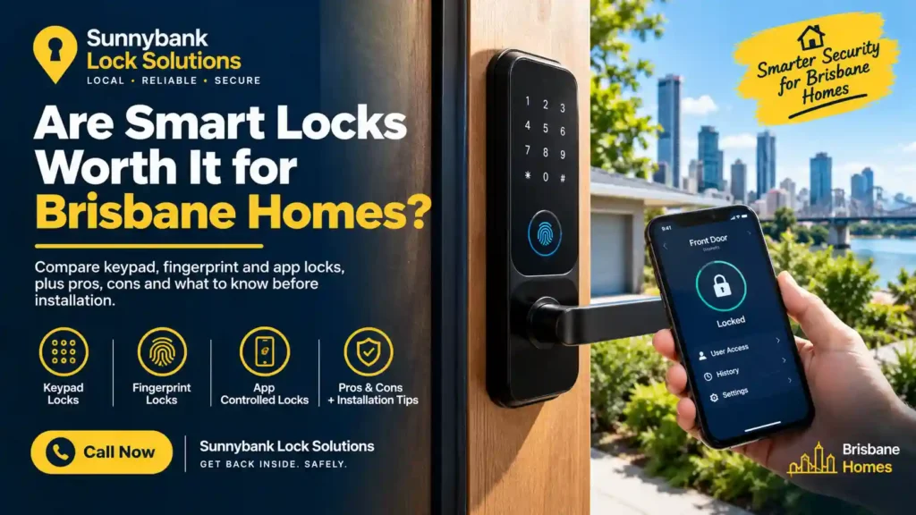Keypad smart lock and smartphone app displaying a locked front door at a Brisbane home